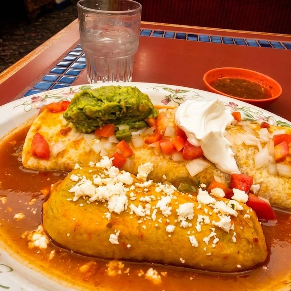 A plate of Mexican food with a burrito, tamale, guacamole, sour cream, and salsa.